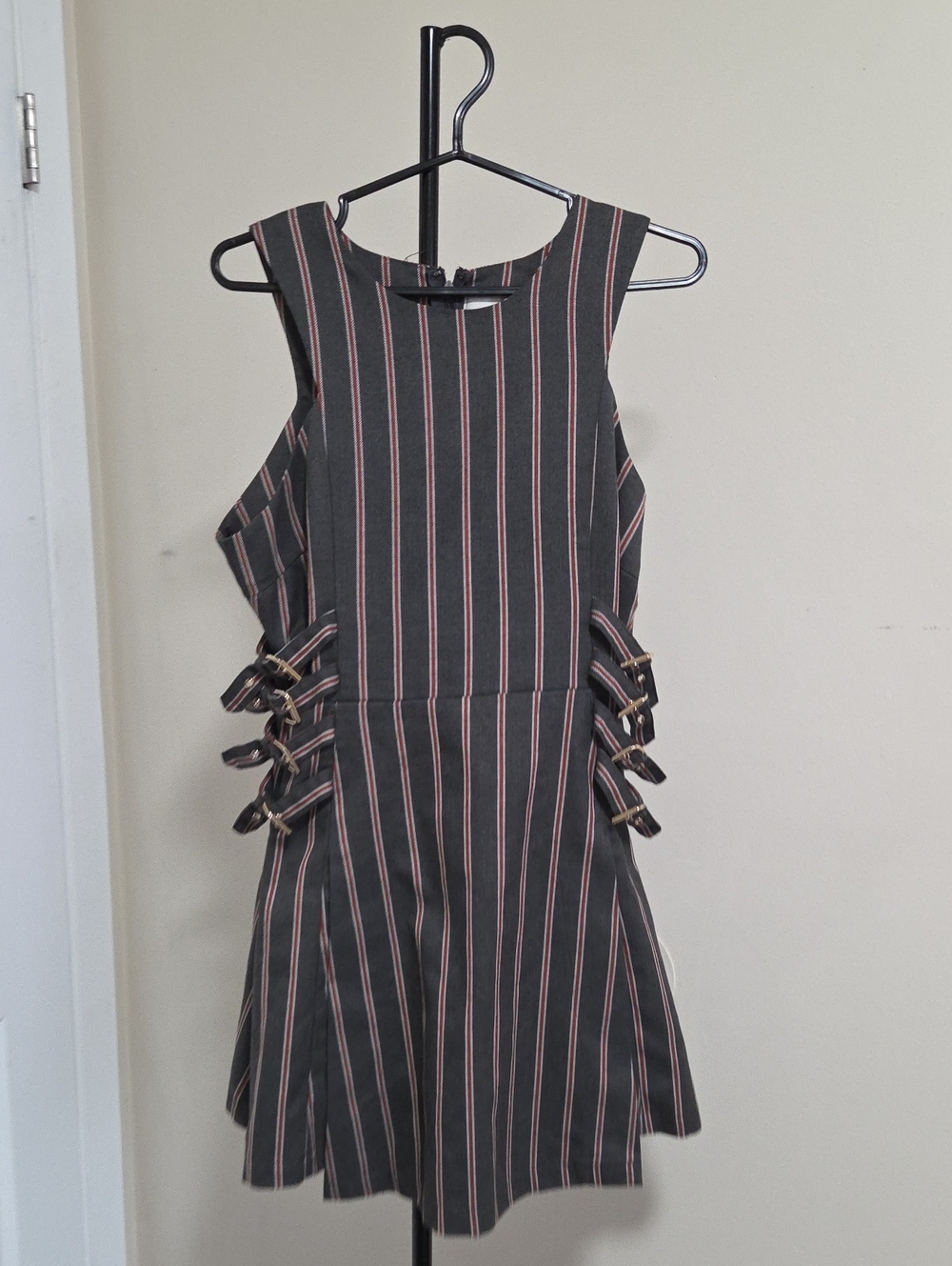 Anthropologie J.O.A. Black Mini Dress with Pink Stripes and Side Buckles